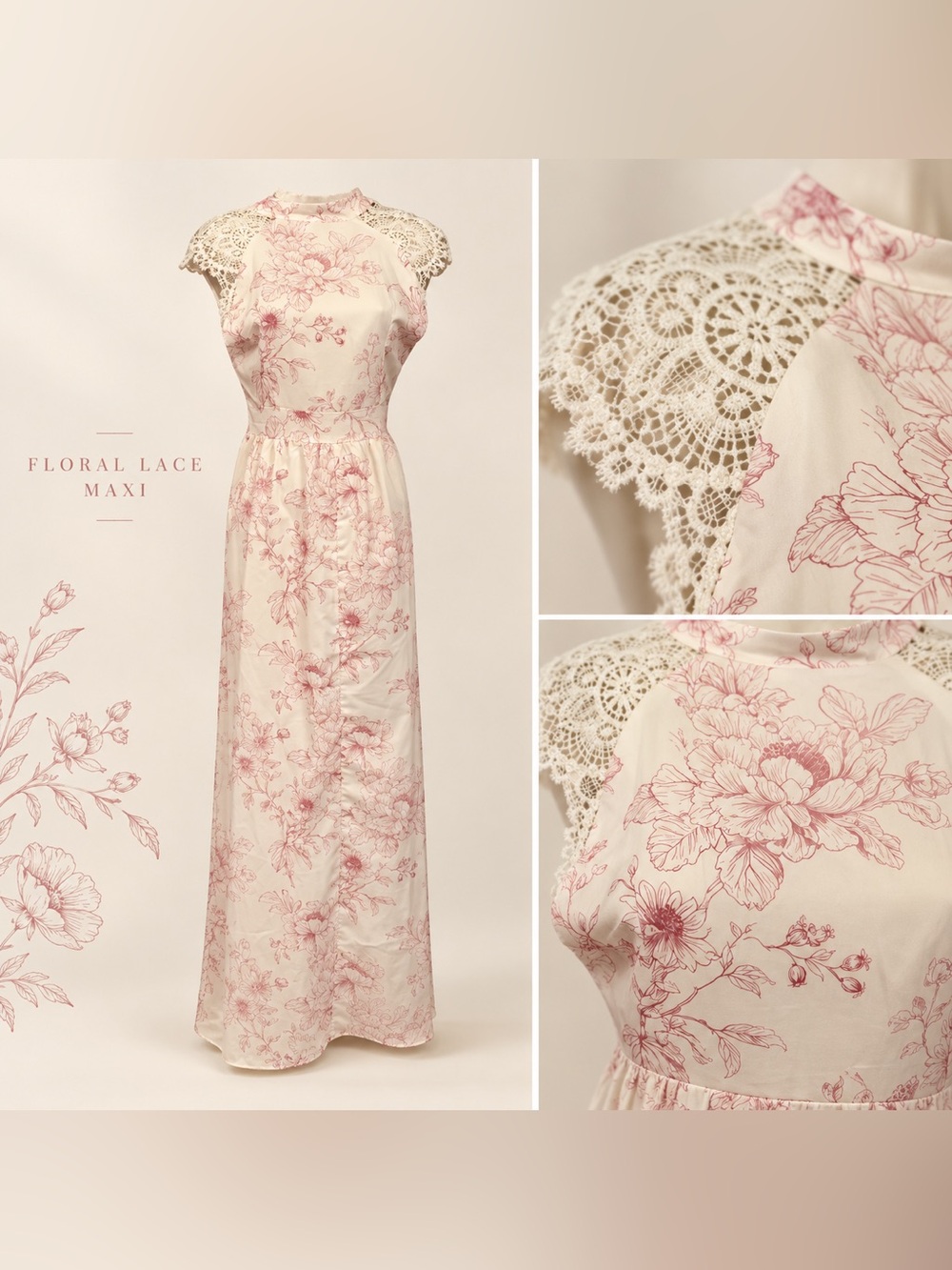 Cream Pink Floral Maxi Dress with Crochet Lace Sleeves | Size S NWOT